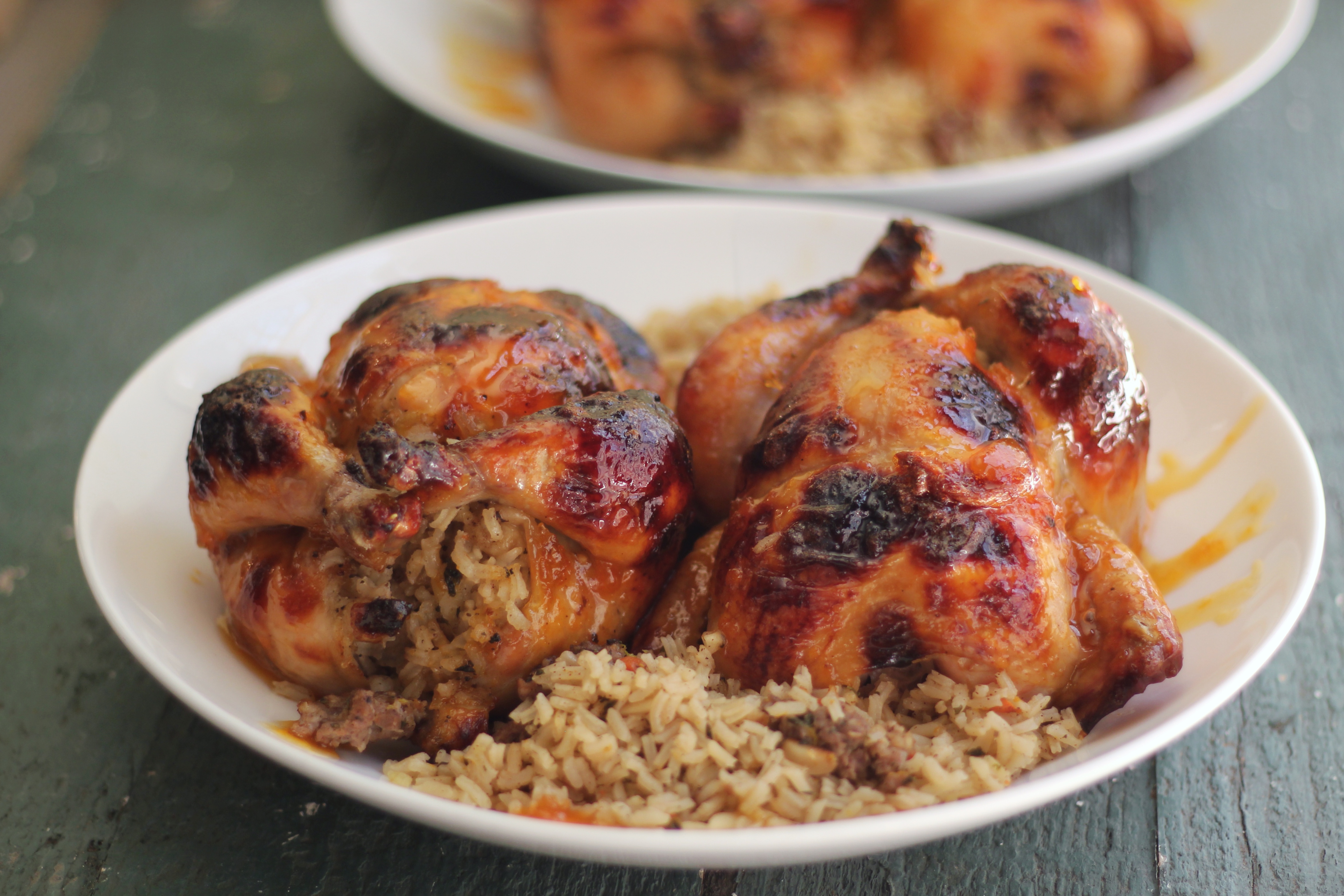Apricot Glazed Cornish Game Hens With Italian Sausage Rice Pilaf | Emerils.com