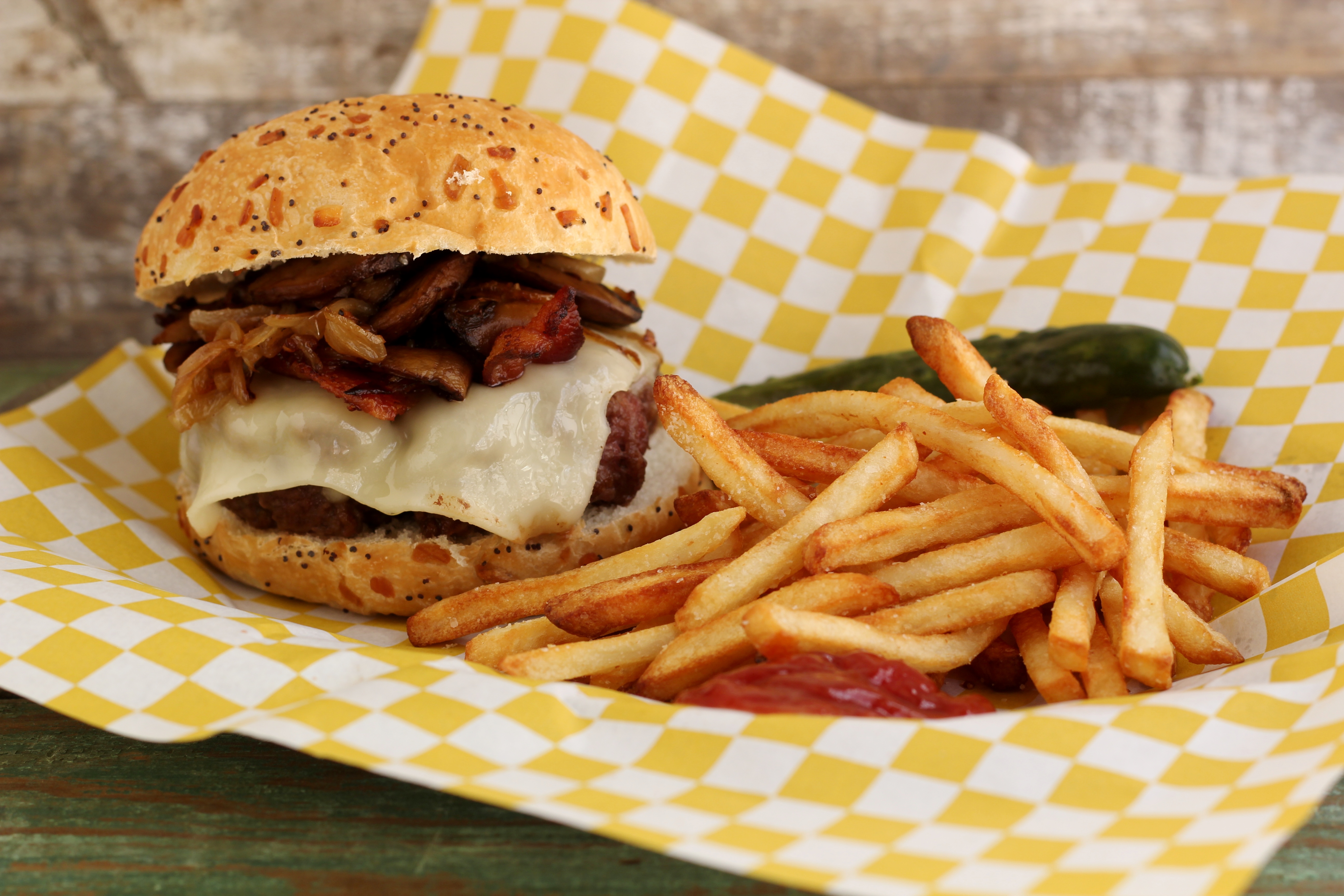 Bacon, Mushroom, Onion and Swiss Burgers | Emerils.com