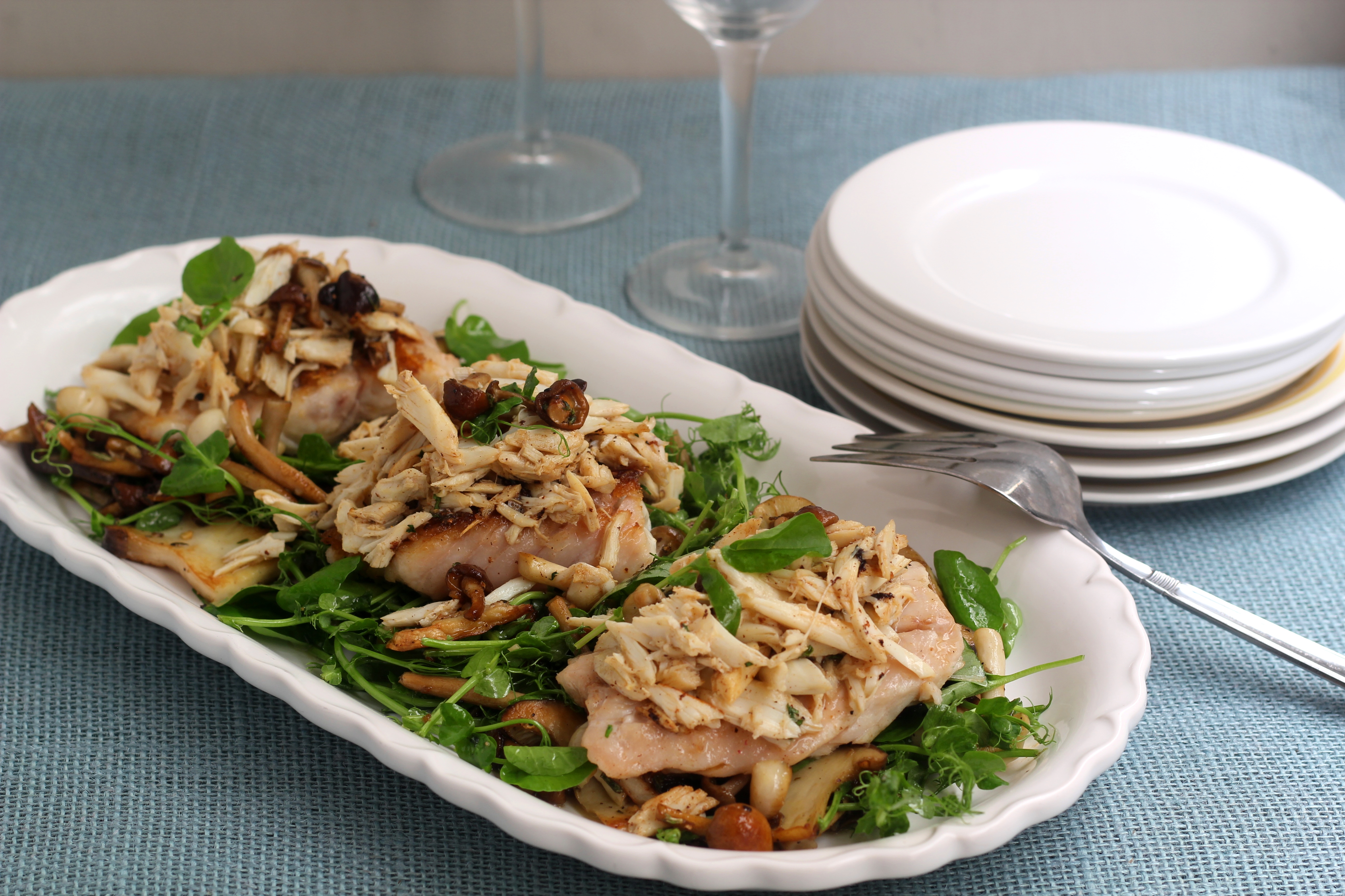 Pan Crispy Striped Bass With Brown Butter, Lump Crab Meat And Wild Mushroom and Watercress Salad | E