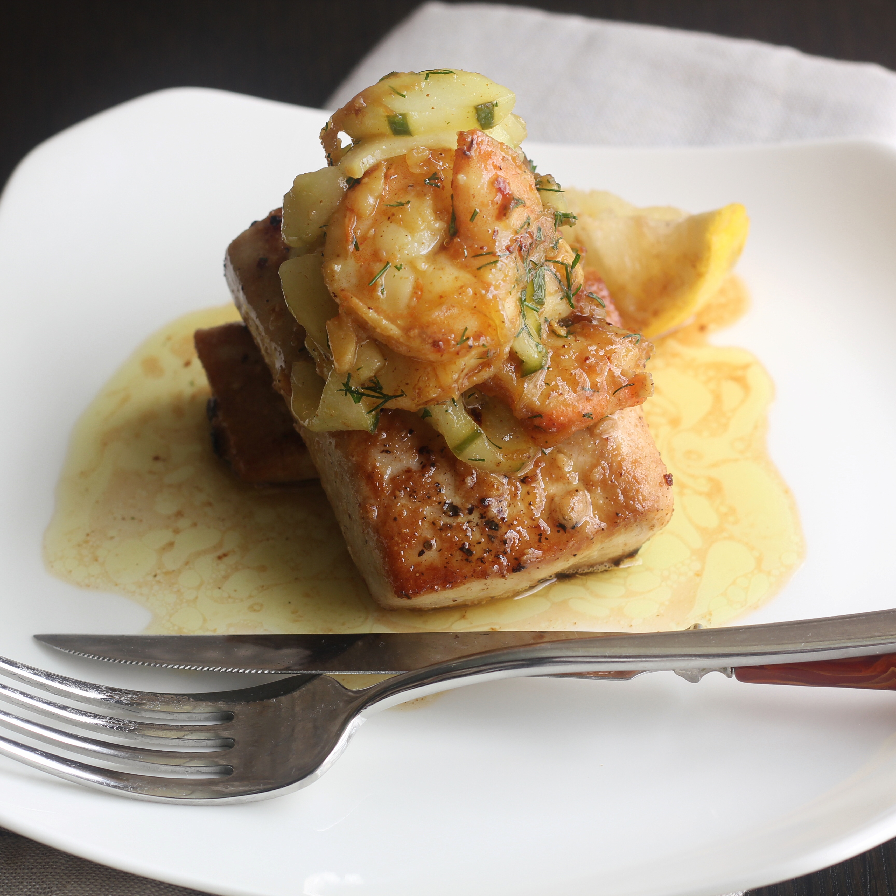 Brown Butter Seared Mahi Mahi with Curry Shrimp and Cucumber | Emerils.com