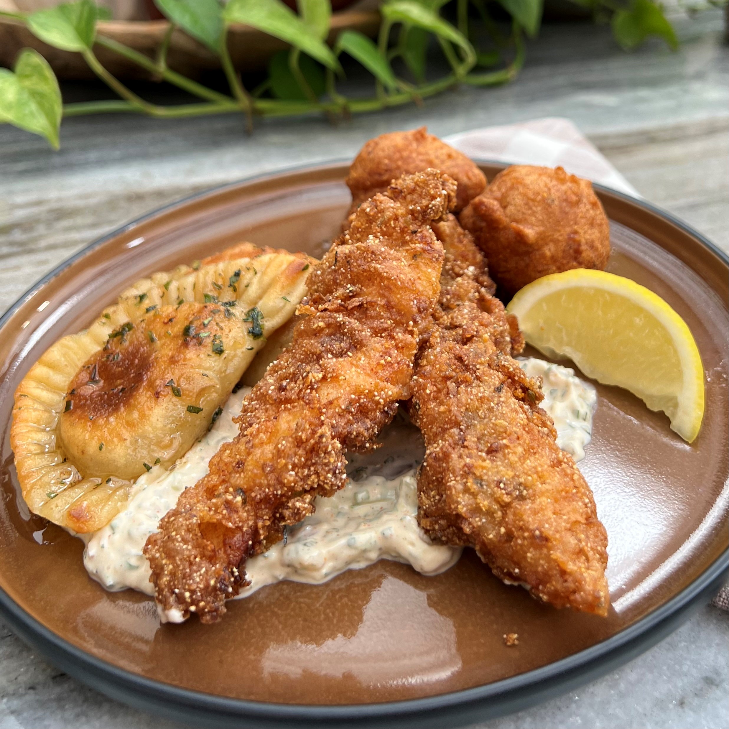 Catfish Fingers with Homemade Tartar Sauce and Fried Hushpuppies