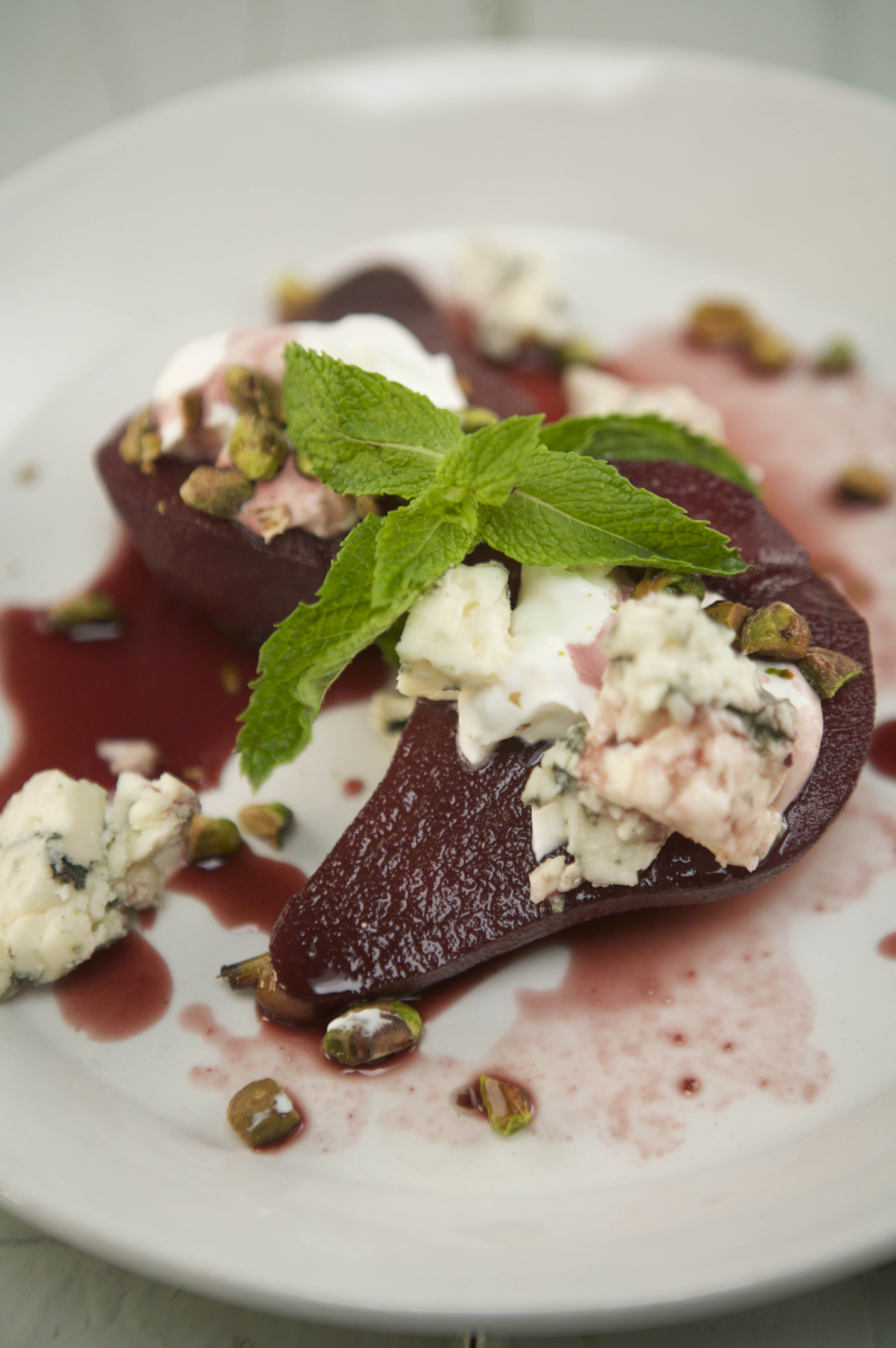 Poached Pears With Port Syrup And Blue Cheese | Emerils.com