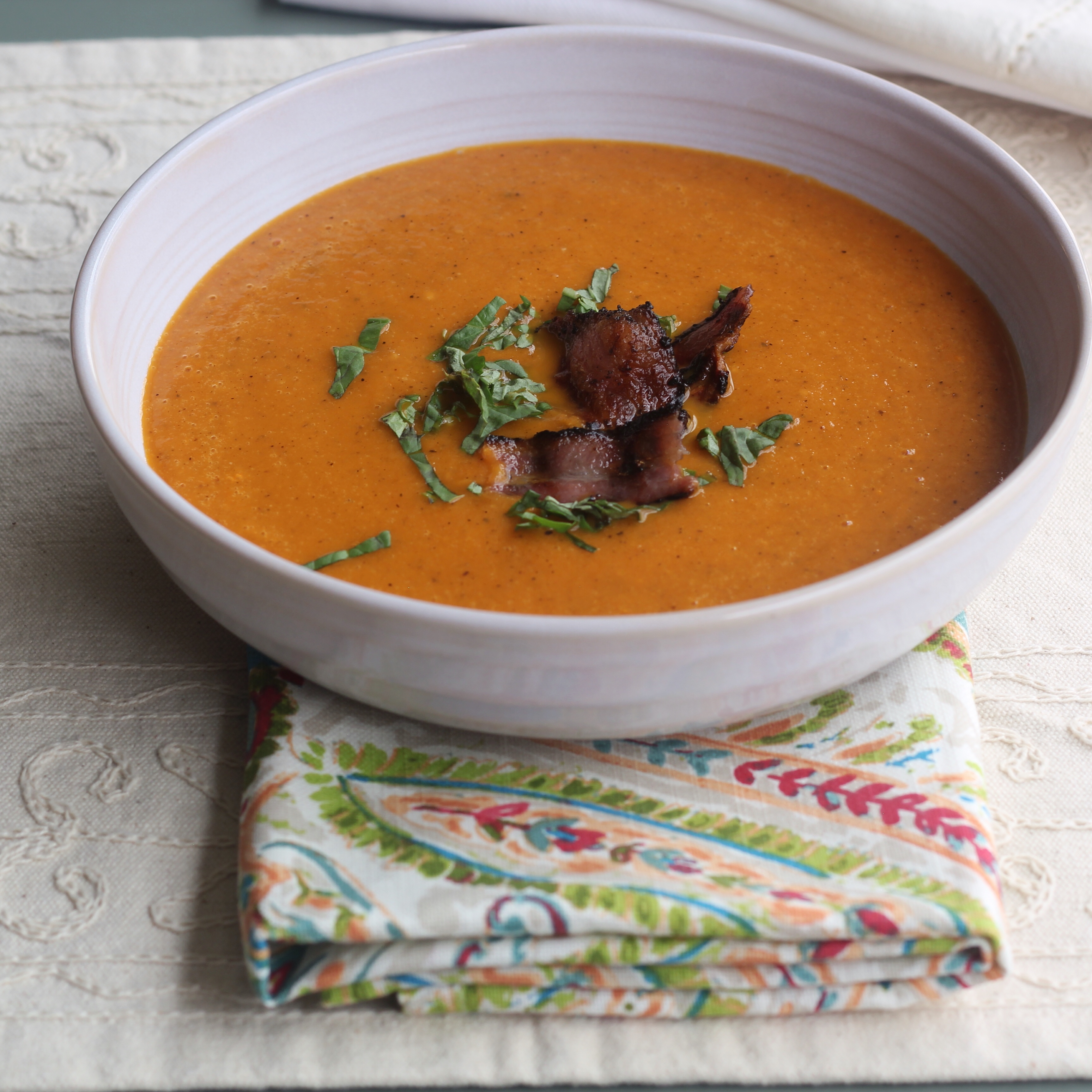 Grilled Tomato and Red Bell Pepper Soup with Grilled Pancetta | Emerils.com