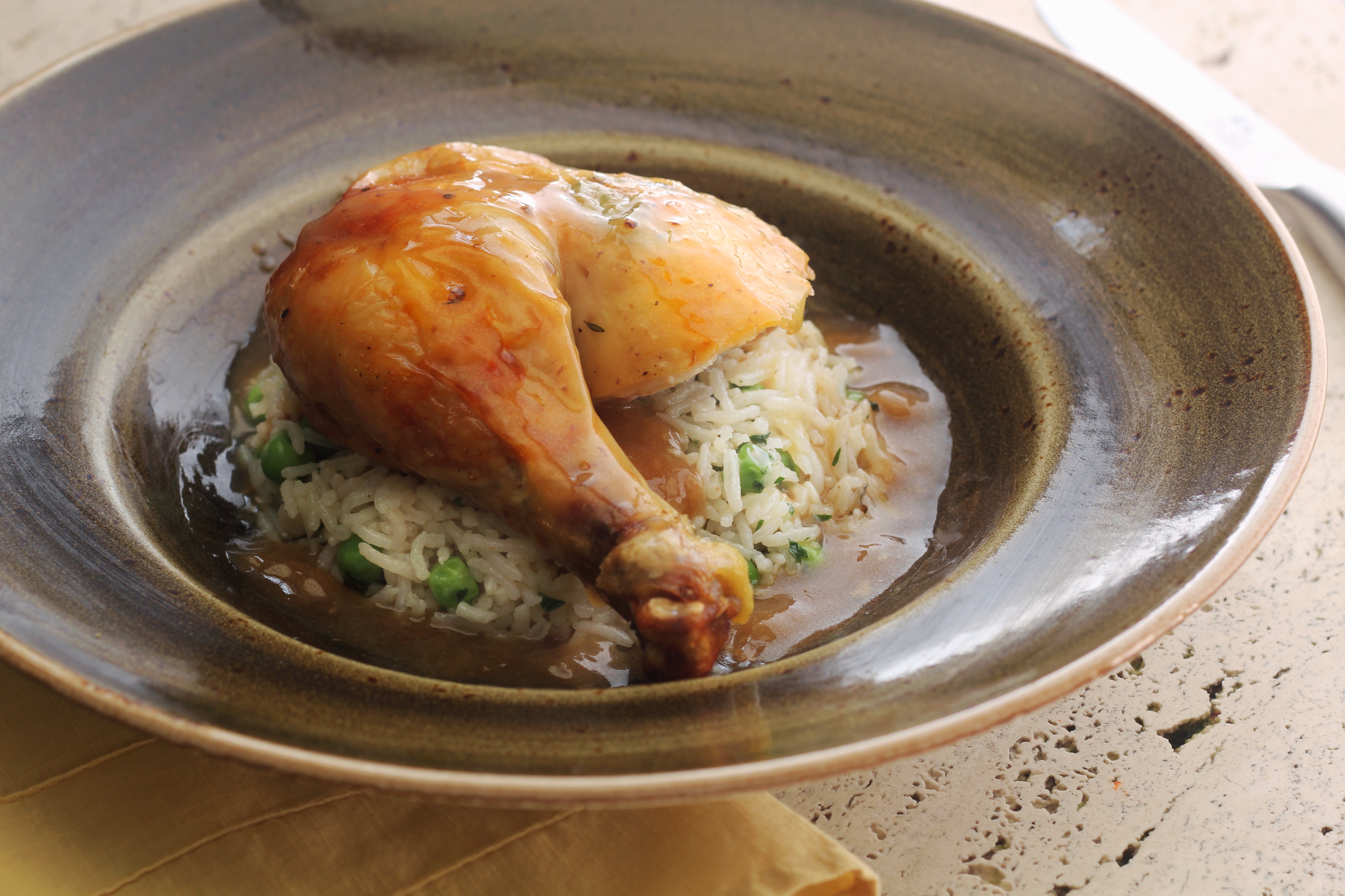 Herb Stuffed Roasted Chicken With Reduced Pan Gravy, And Herbed Rice Pilaf With Peas | Emerils.com