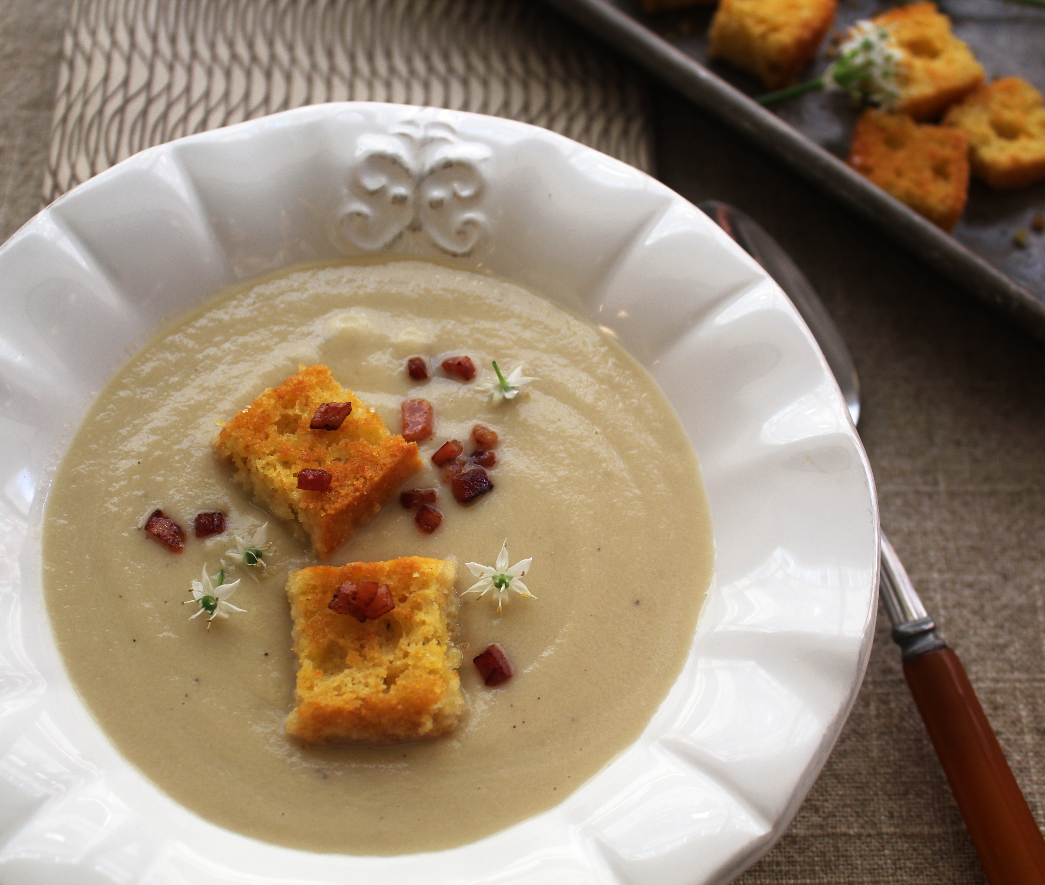Turnip Soup With Crispy Country Ham And Cornbread Croutons | Emerils.com