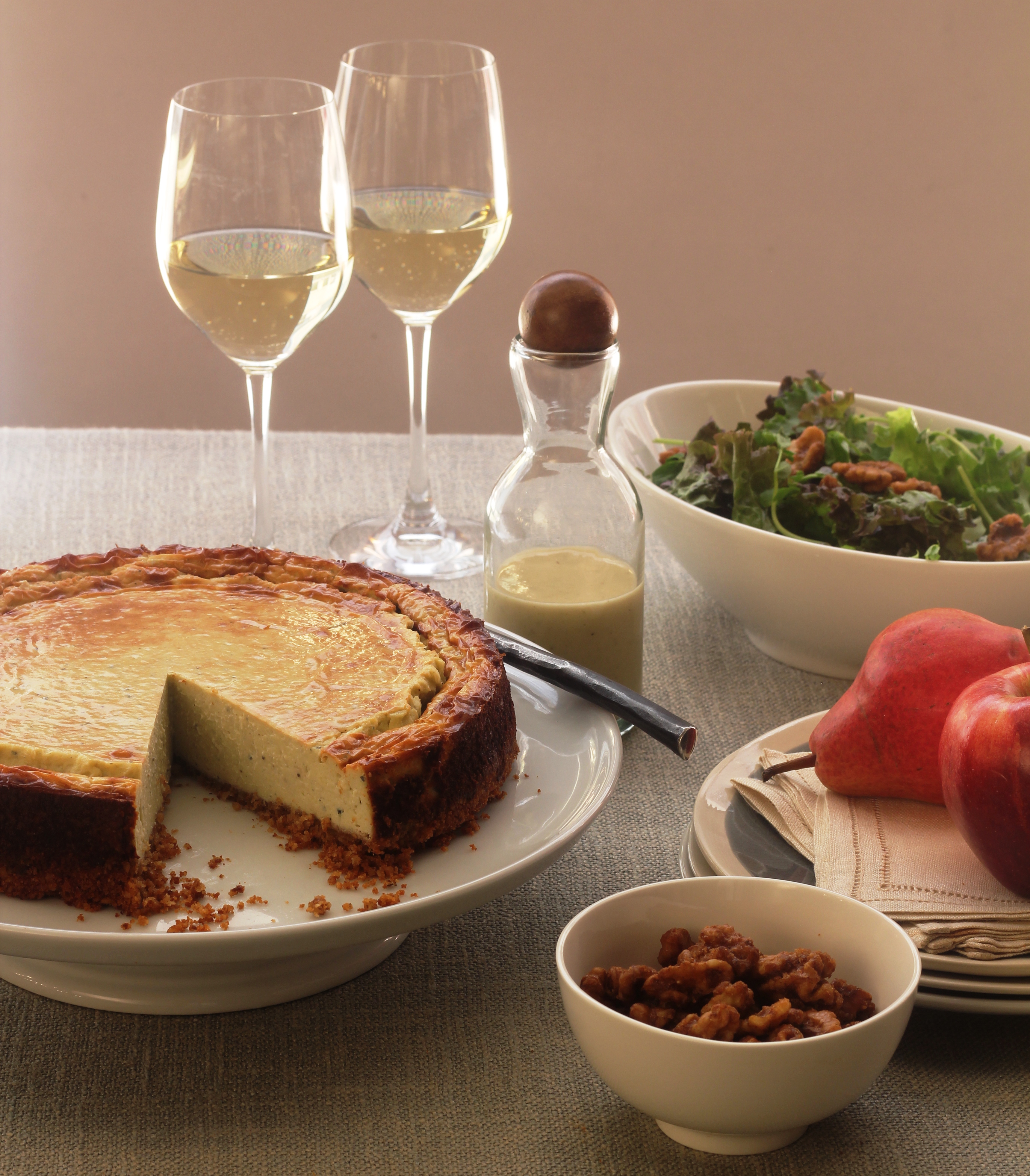 Blue Cheese Cheesecake With Baby Greens, Candied Walnuts And A Pear Vinaigrette | Emerils.com