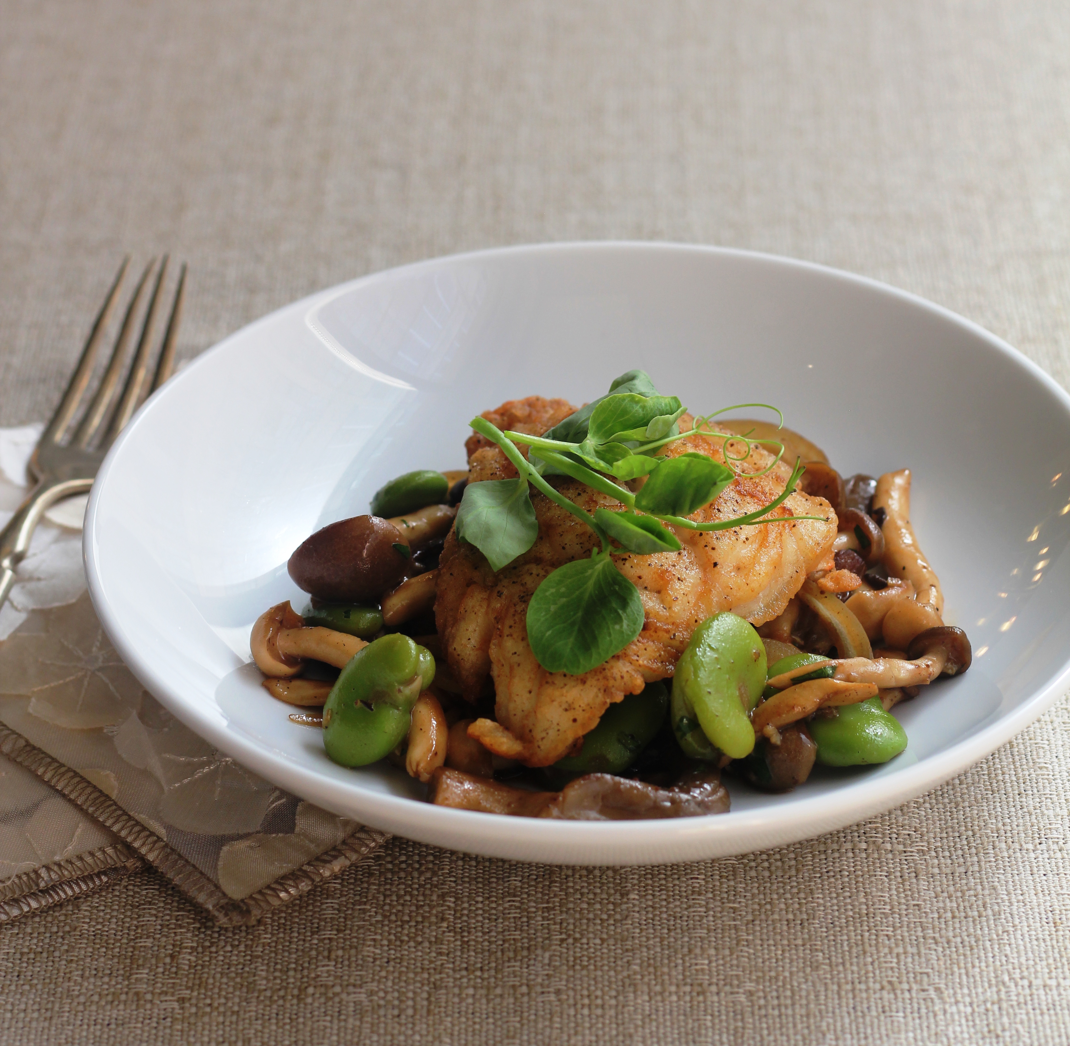 Pan Crispy Snapper With A Fresh Fava Bean And Mushroom Ragout | Emerils.com