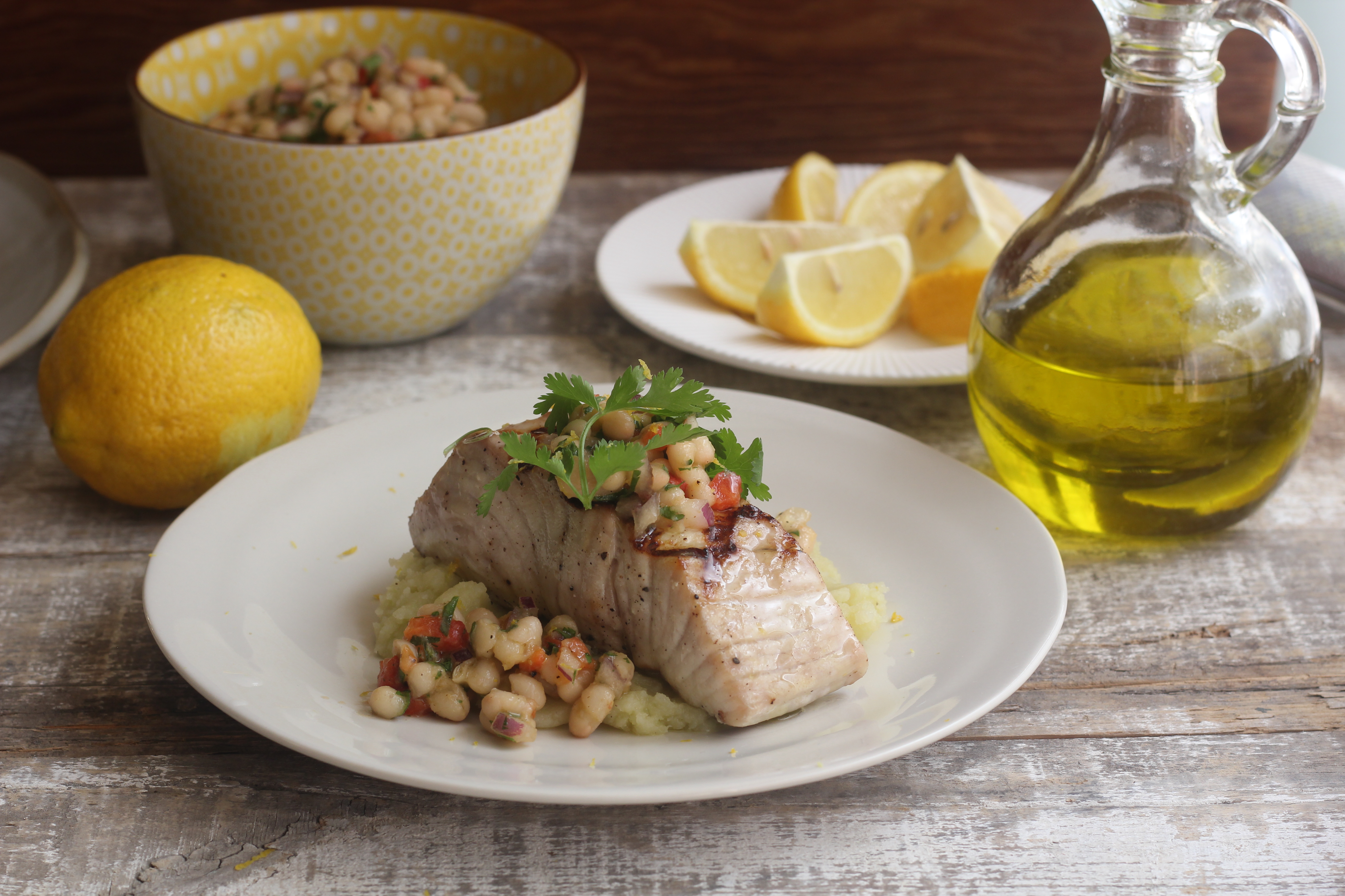 Grilled Swordfish With White Bean Relish And Potato Skordalia | Emerils.com