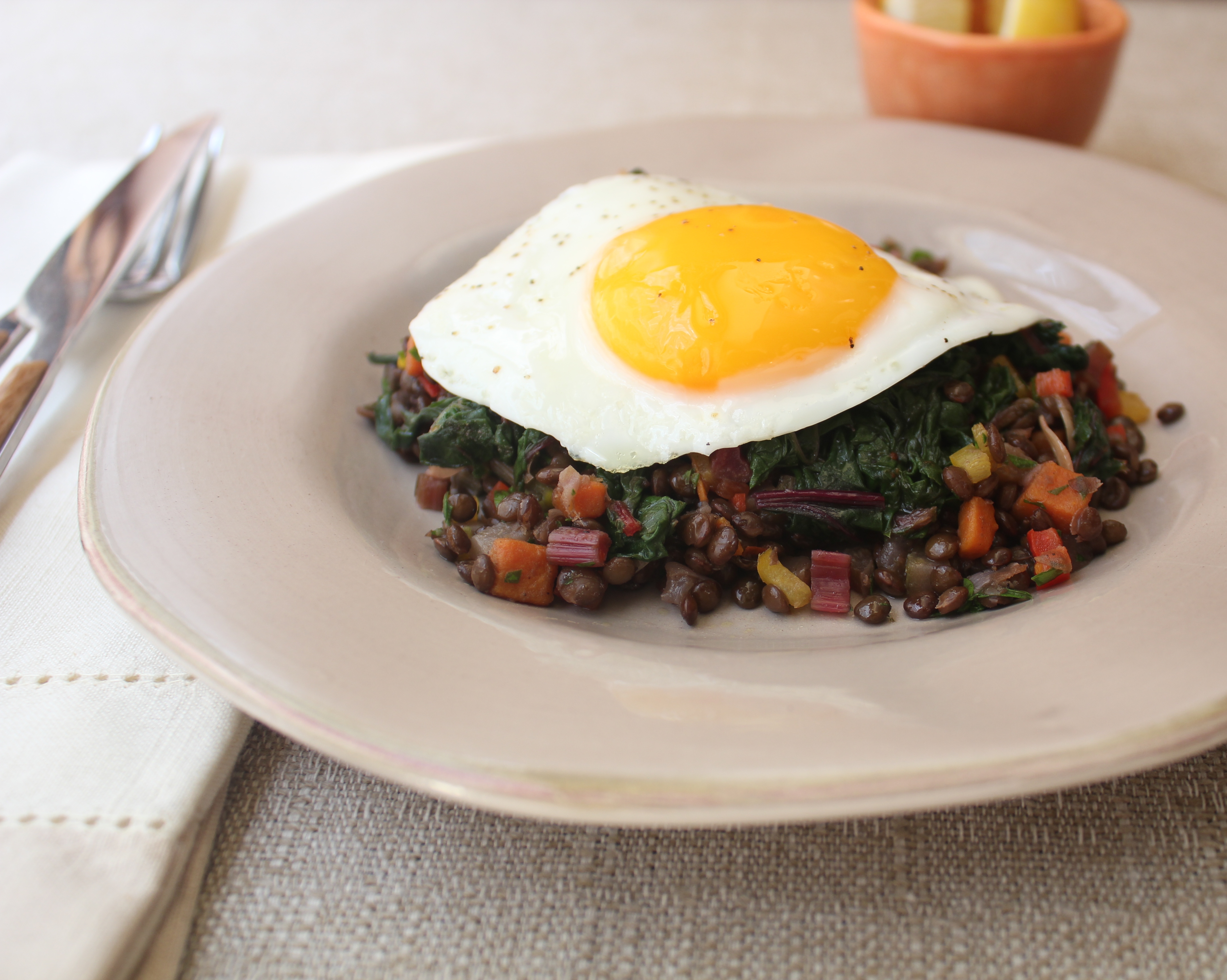 Lentil Salad With Braised Greens And Sunny Side Up Eggs | Emerils.com