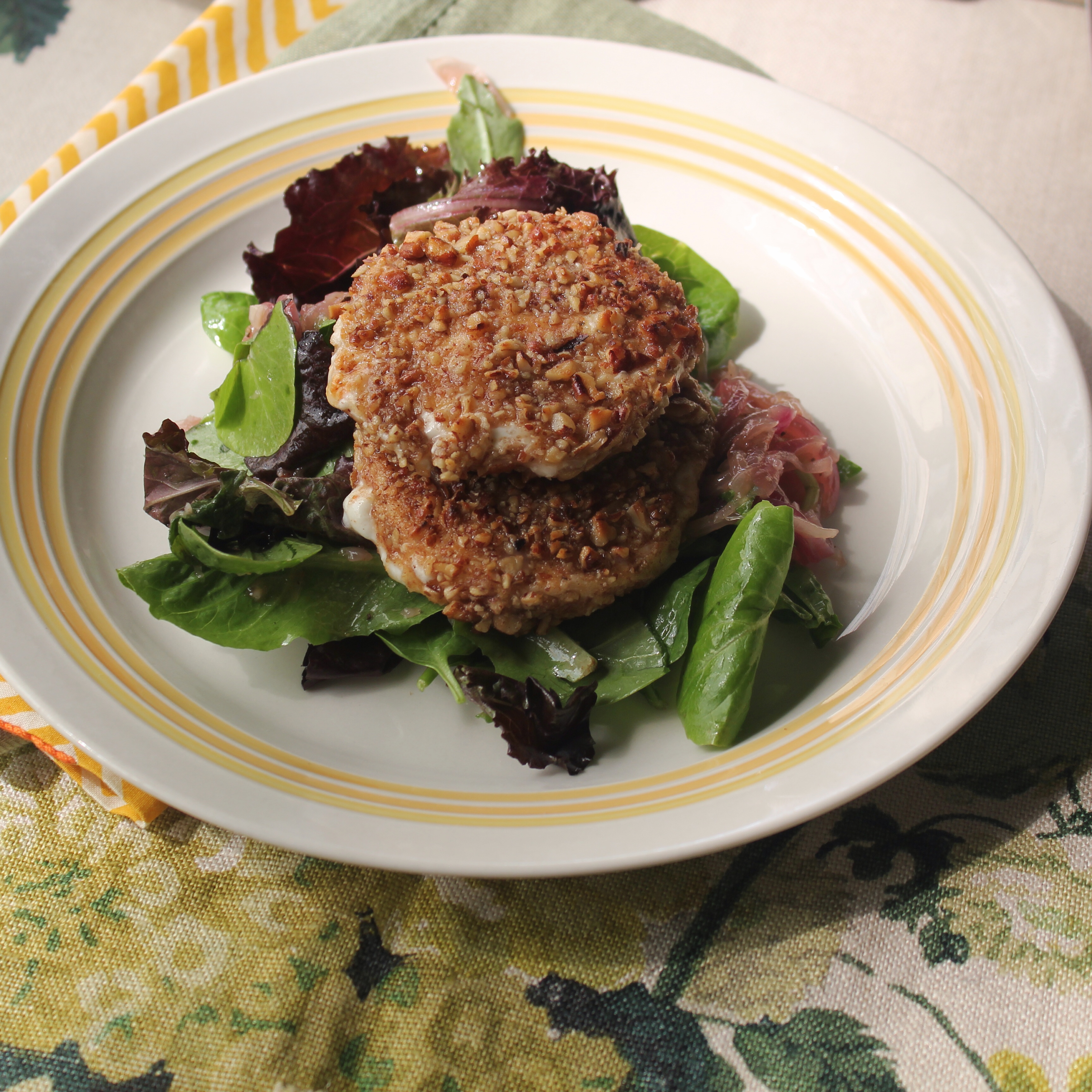 Pecan Crusted Mozzarella With Baby Greens | Emerils.com