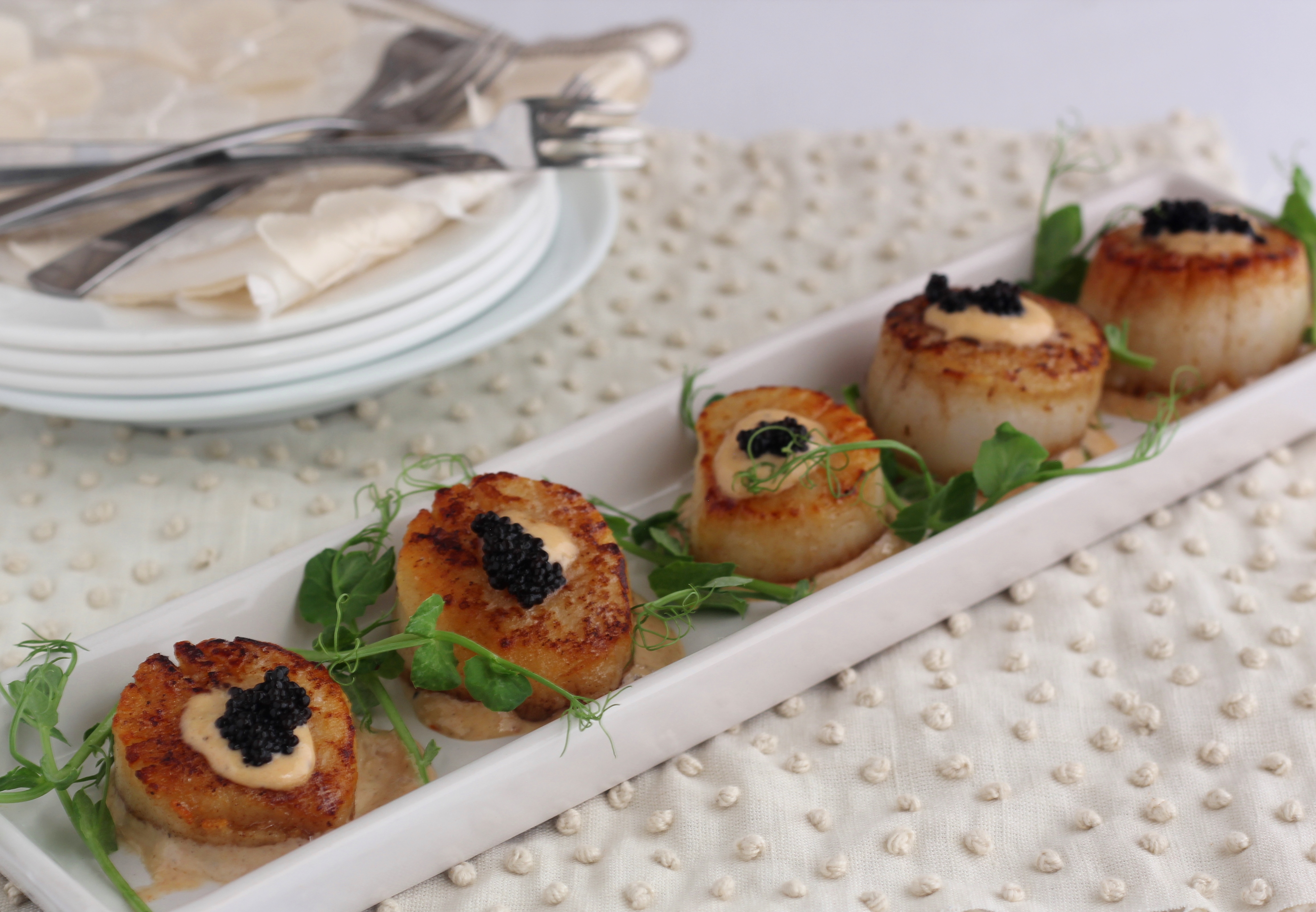 Seared Scallops With A Portobello Truffle Emuslion, Caviar and Microgreens | Emerils.com