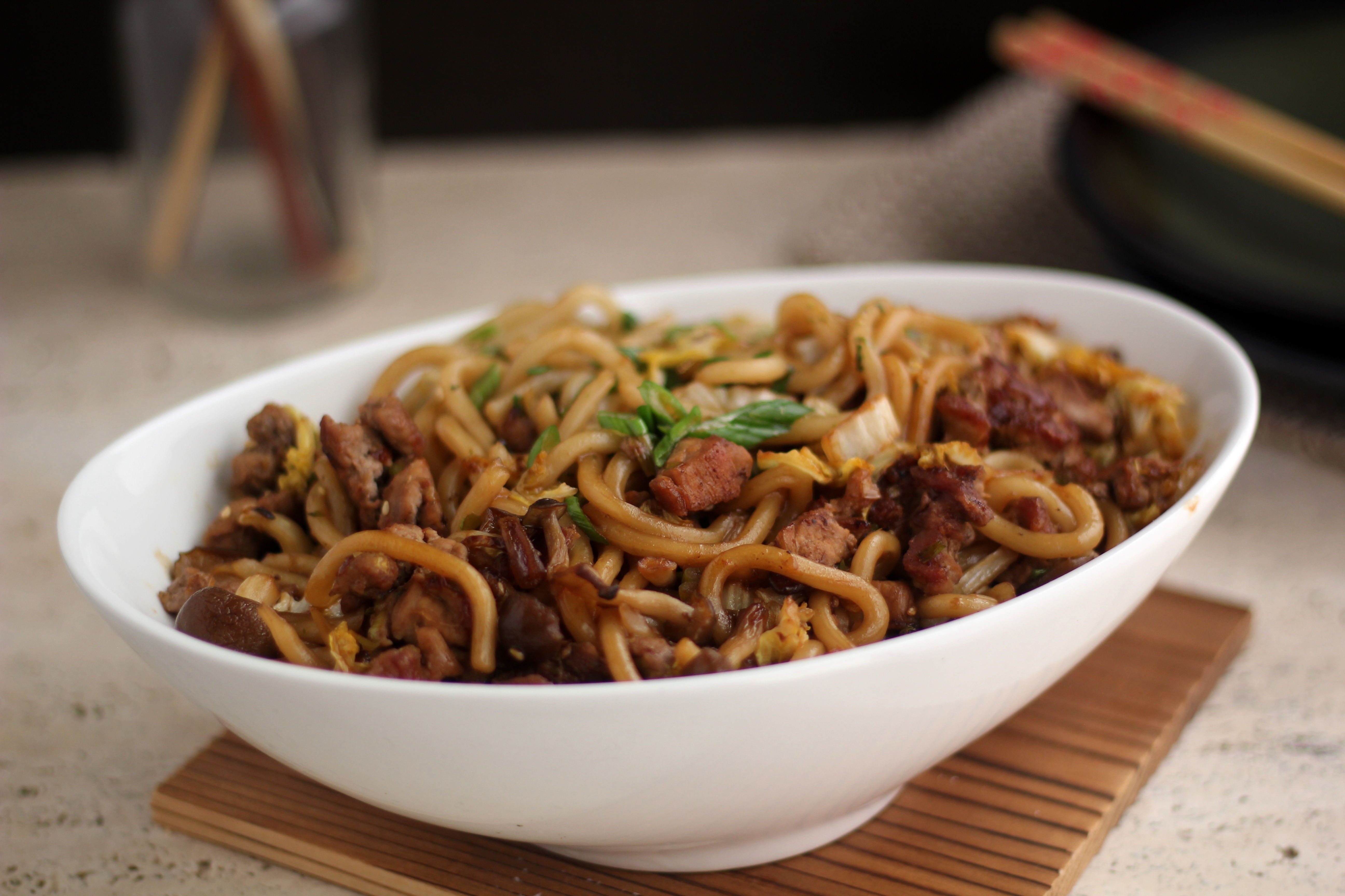 Stir Fried Udon Noodles with Pork and Wild Mushrooms | Emerils.com