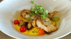 Yellowedge Grouper With Savory Sweet Corn Pudding, Oyster Mushroom Vinaigrette And Petite Greens | E