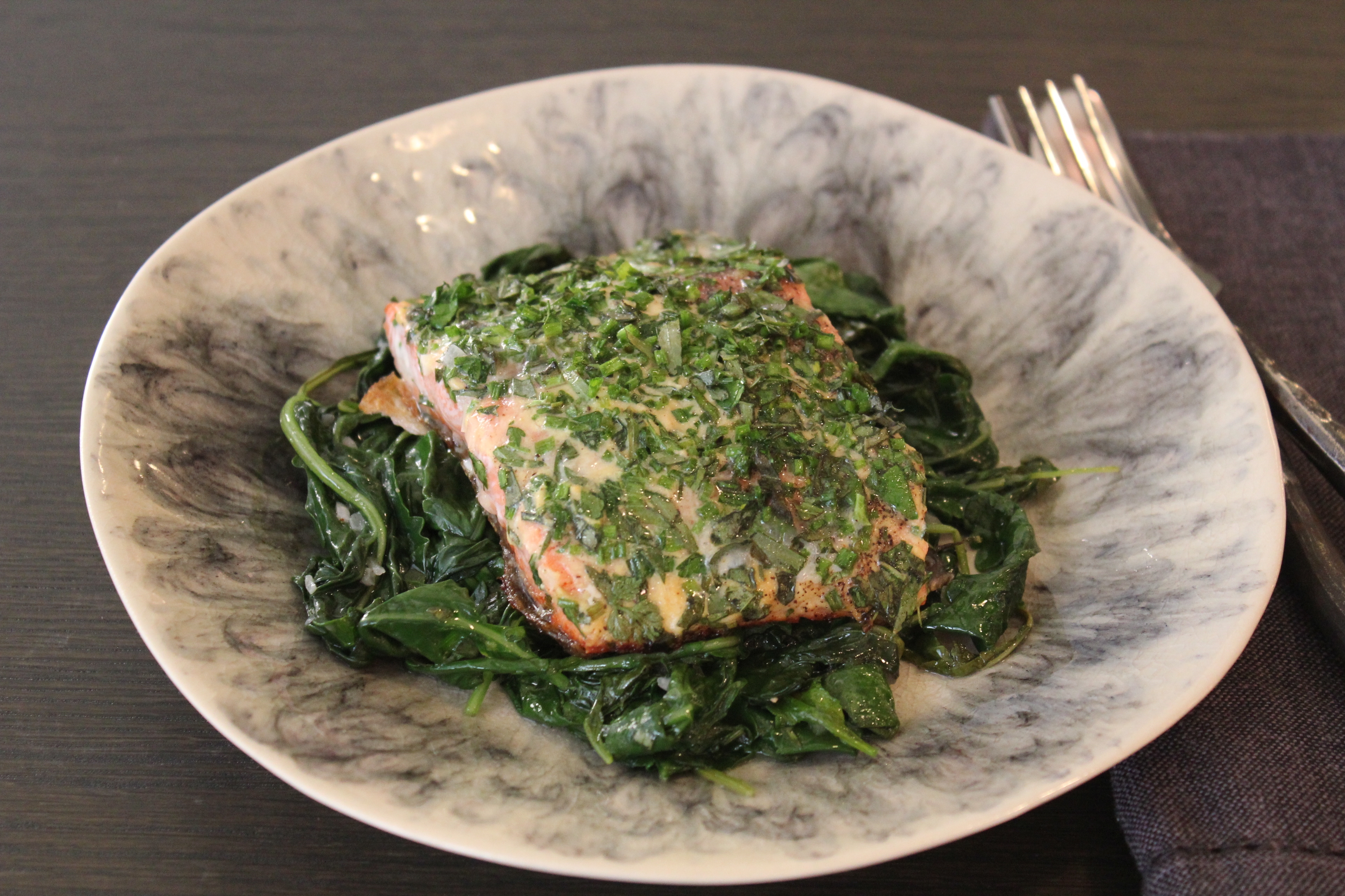Herbed Pan Roast Of Salmon With Warm Greens And Herb Vinaigrette | Emerils.com