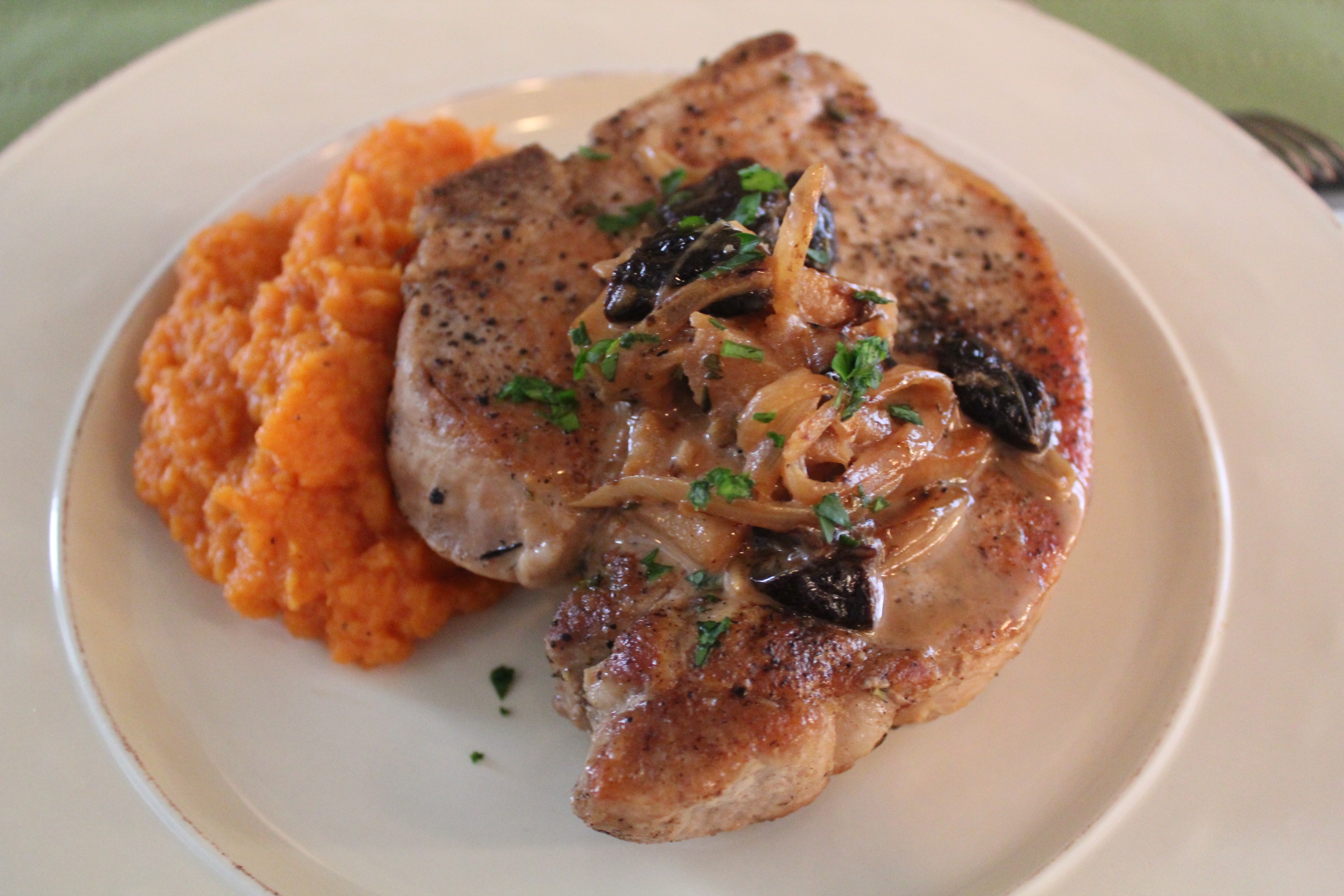 Pork Chops Stewed With Apples And Prunes, With Mashed Sweet Potatoes | Emerils.com