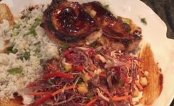 Hoisin Pork Chops With Cabbage, Pineapple, And Macadamia Nut Slaw | Emerils.com