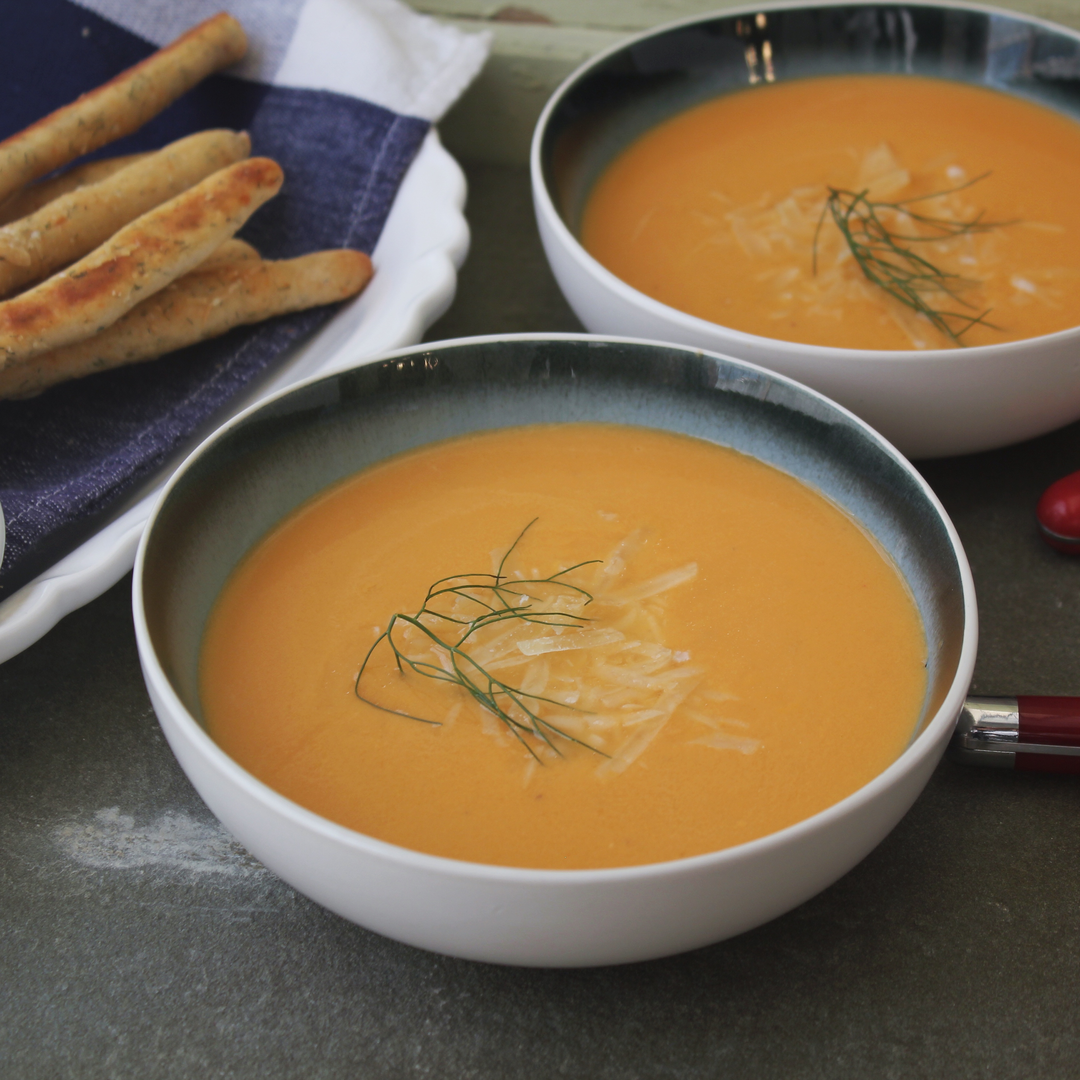Fennel Tomato Soup With Parmesan Fennel Breadsticks | Emerils.com