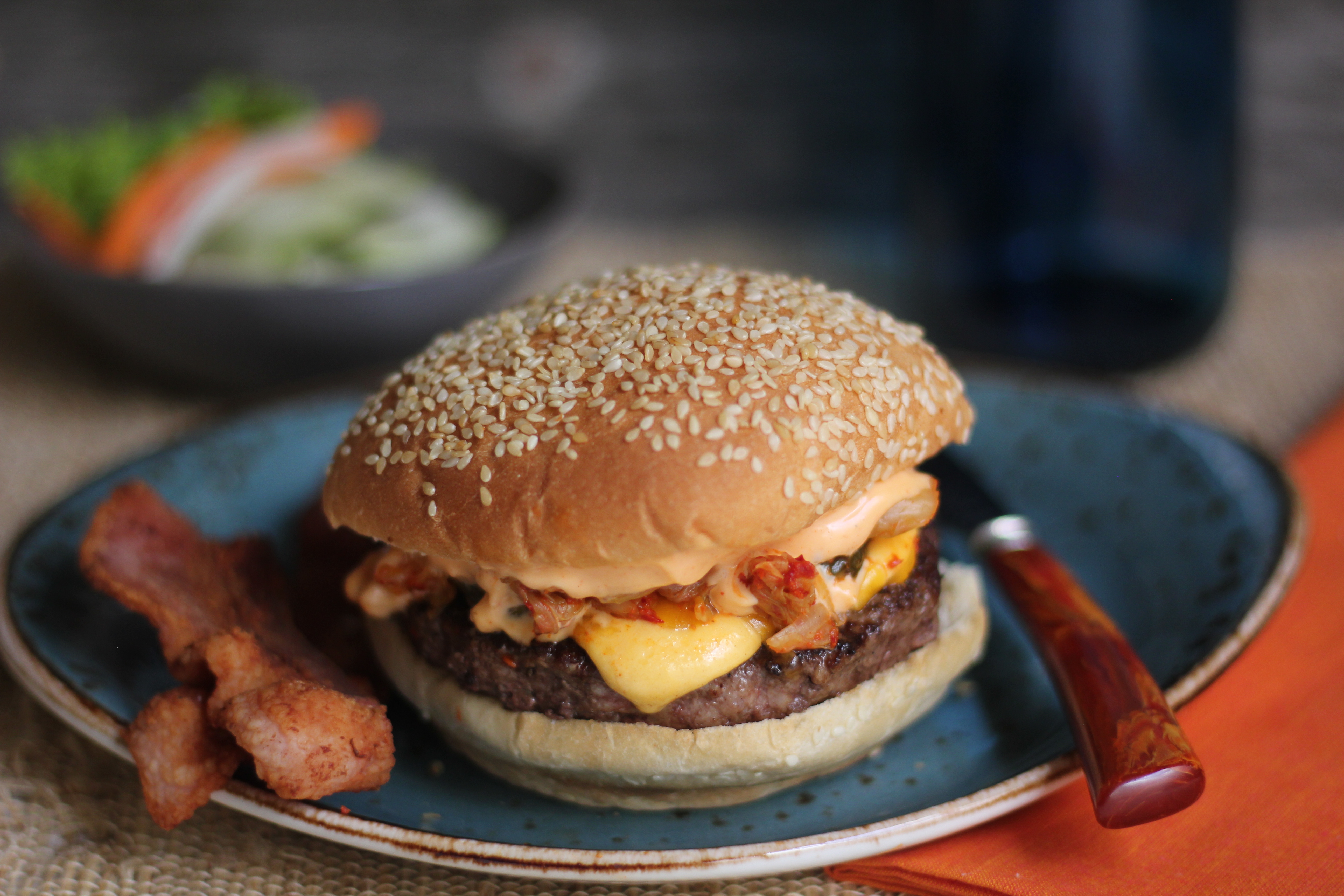 Kimchi-Bacon Cheeseburger with Gochujang Spicy Mayo | Emerils.com