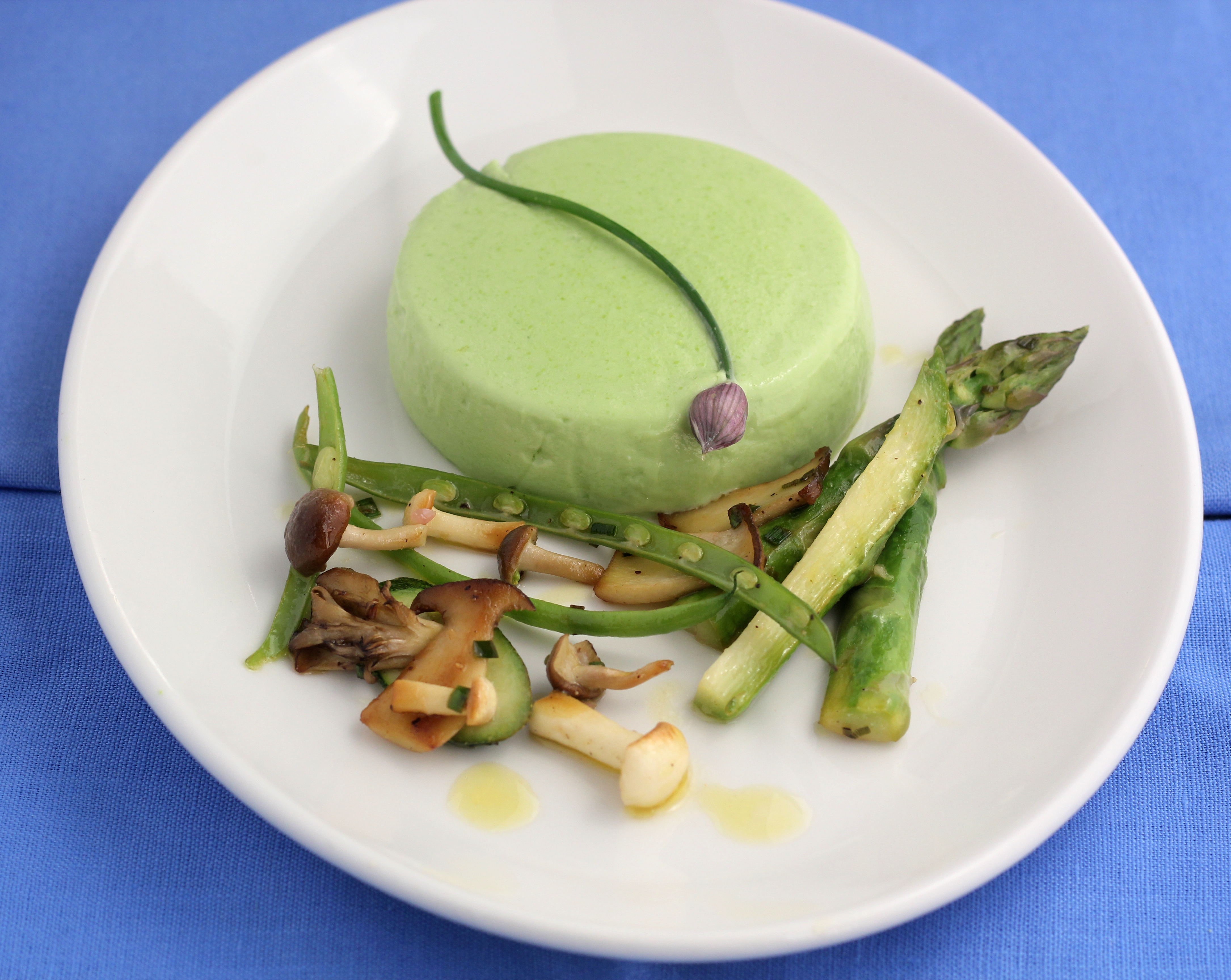 Sweet Pea Pannacotta With Wild Mushrooms and Asparagus | Emerils.com