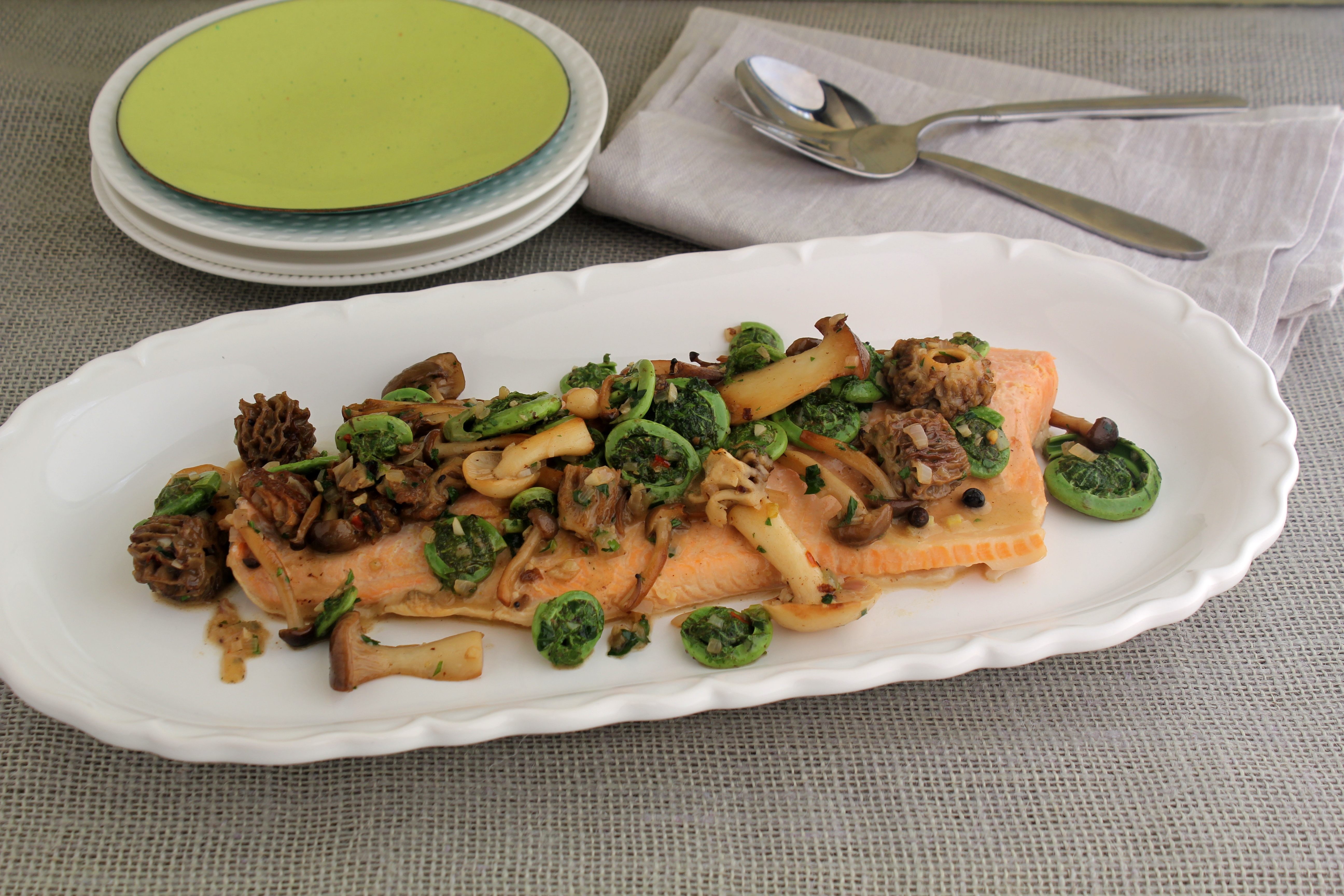 Poached Artic Char With Fiddlehead Ferns And Exotic Mushroom Ragout | Emerils.com