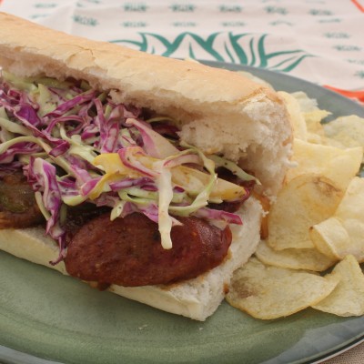 smothered andouille poboy