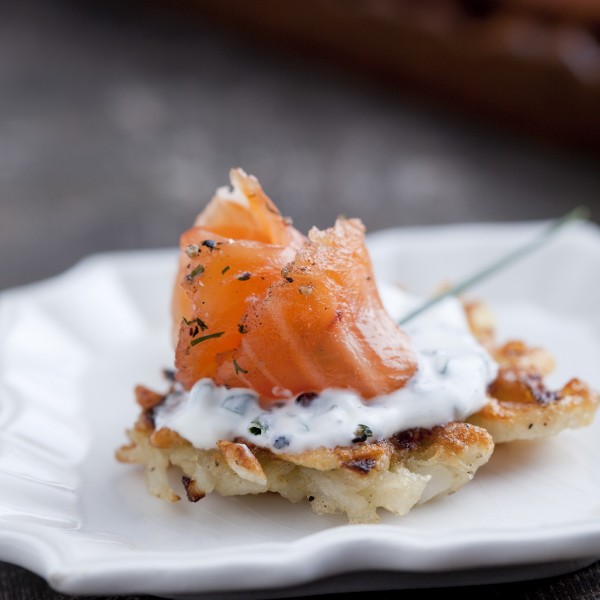 Dill And Black Pepper Gravlax With Mini Potato Pancakes And Chive Sour ...