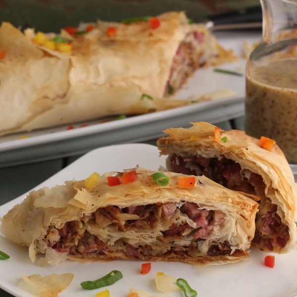 Corned Beef And Cabbage Strudel With A Grain Mustard Sauce
