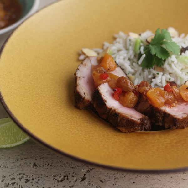 Grilled Pork Tenderloin with Indian Spices, Peach Chutney and Basmati