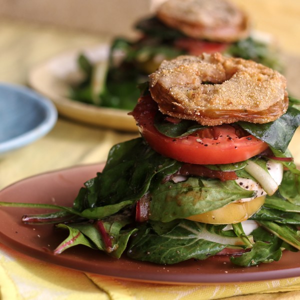 Tomato Stack Salad with Roasted Tomato Vinaigrette and Fried Green