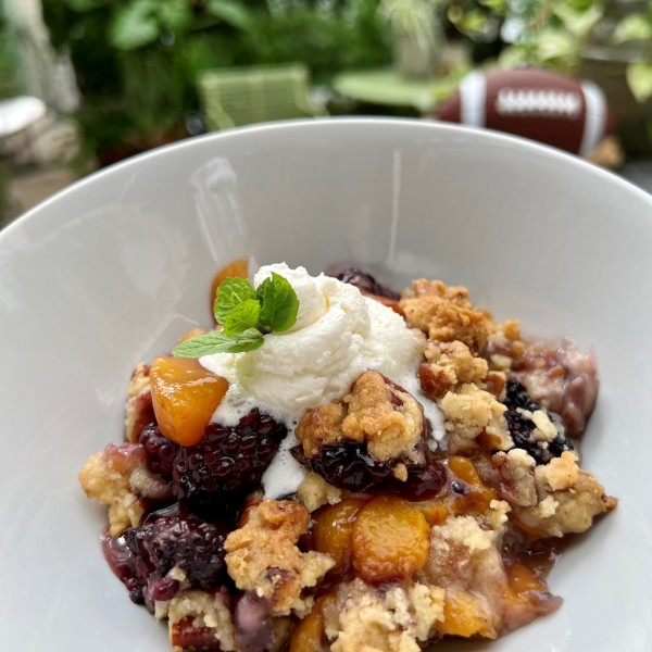 Old Fashioned Peach and Blackberry Cobbler with a Pecan Shortbread