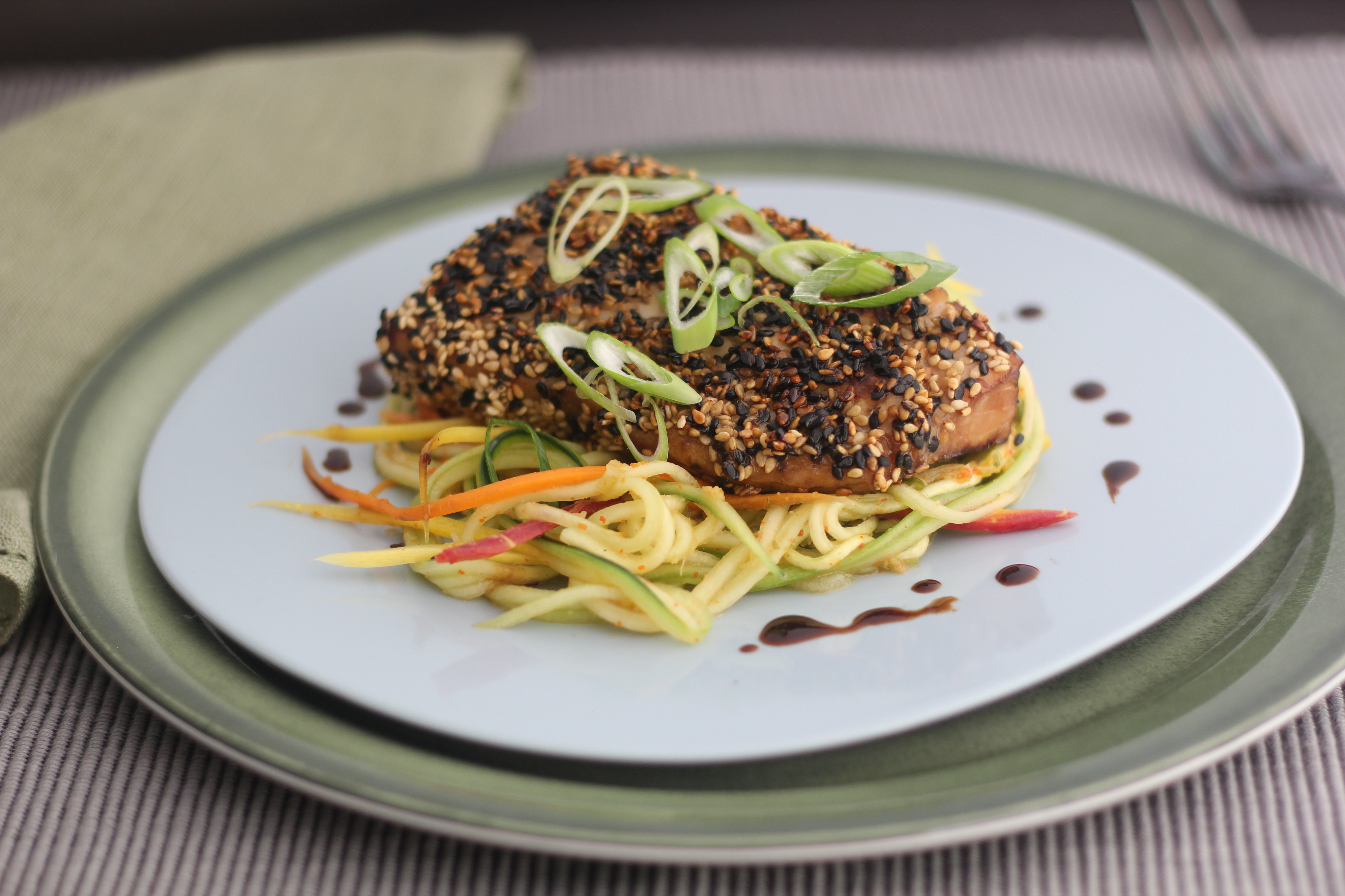 Teriyaki Glazed Halibut With Cucumber Noodles | Emerils.com